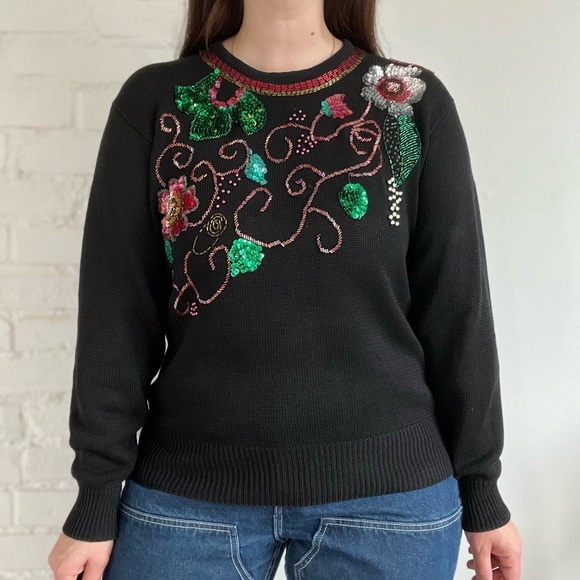 Unique Vintage Sweaters - VINTAGE Women’s Sweater Sequins Embellished Festive Knit Size Large